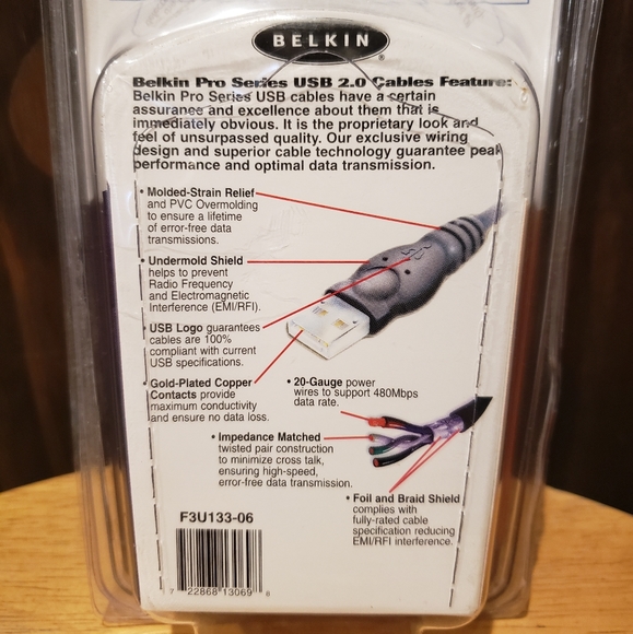 BELKIN PRO 6' / 1.8M USB 2 HI SPEED A/B PLUG 480 MBPS USB CABLE MOD # F3U133-06 - Picture 4 of 7